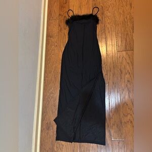 Vintage Y2K Black Marabou Feather Trim Maxi Slip Dress  – Made in USA